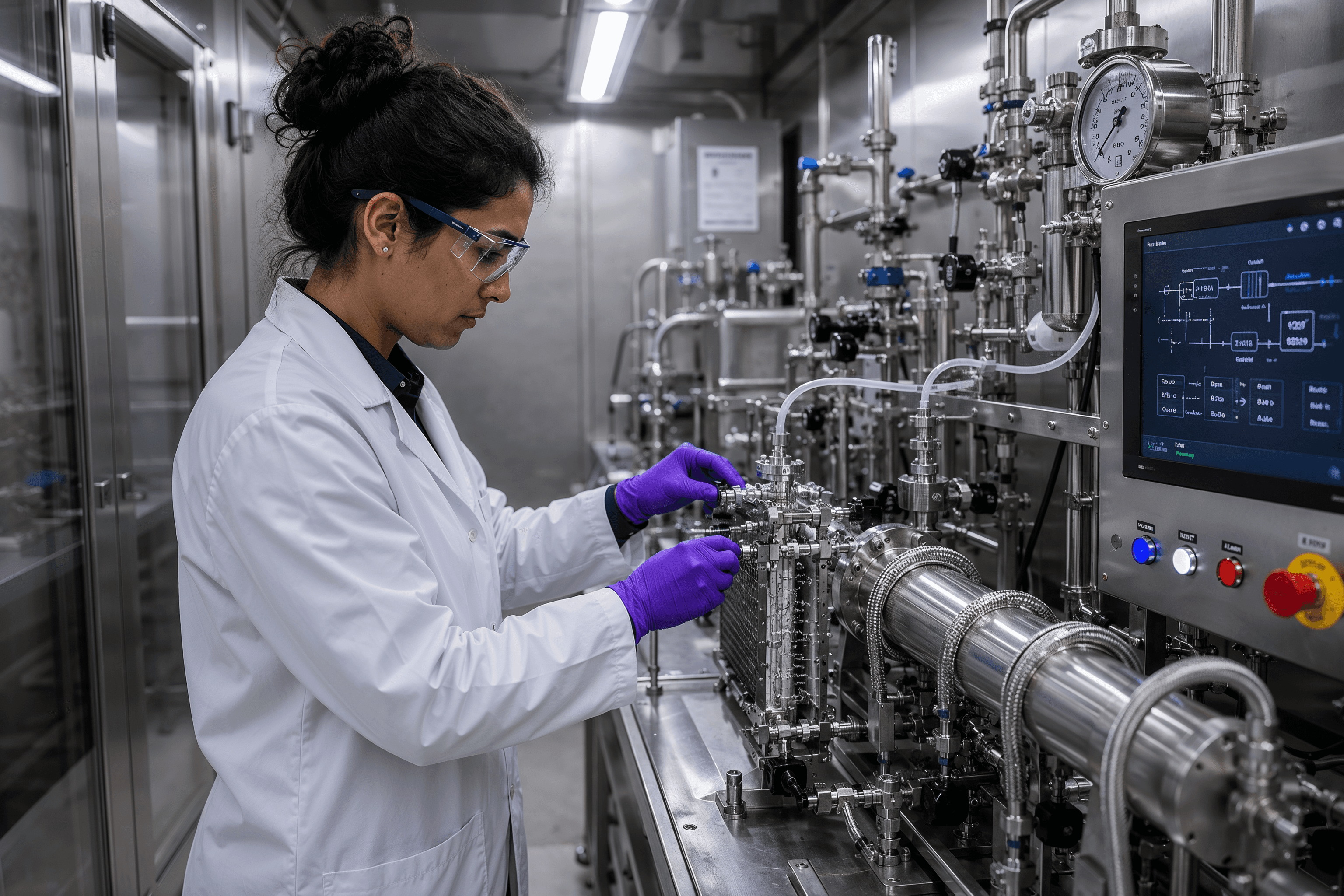 Researchers working in a continuous manufacturing laboratory